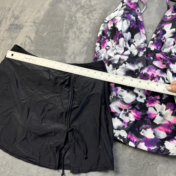 Yonique Tankini Swimsuit Womens Large Black‎ Floral Purple Skirt Two Piece NWT - Picture 7 of 13
